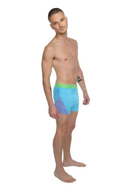 Performance yoga leggings short coral heather featuring light blue and purple briefs with a bright green waistband