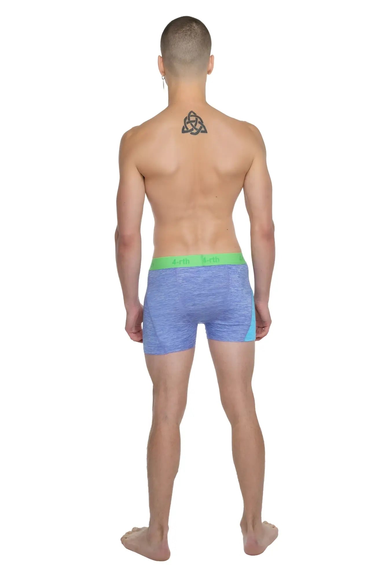Blue heathered boxer briefs with bright green waistband shown front for performance yoga leggings short lavender heather