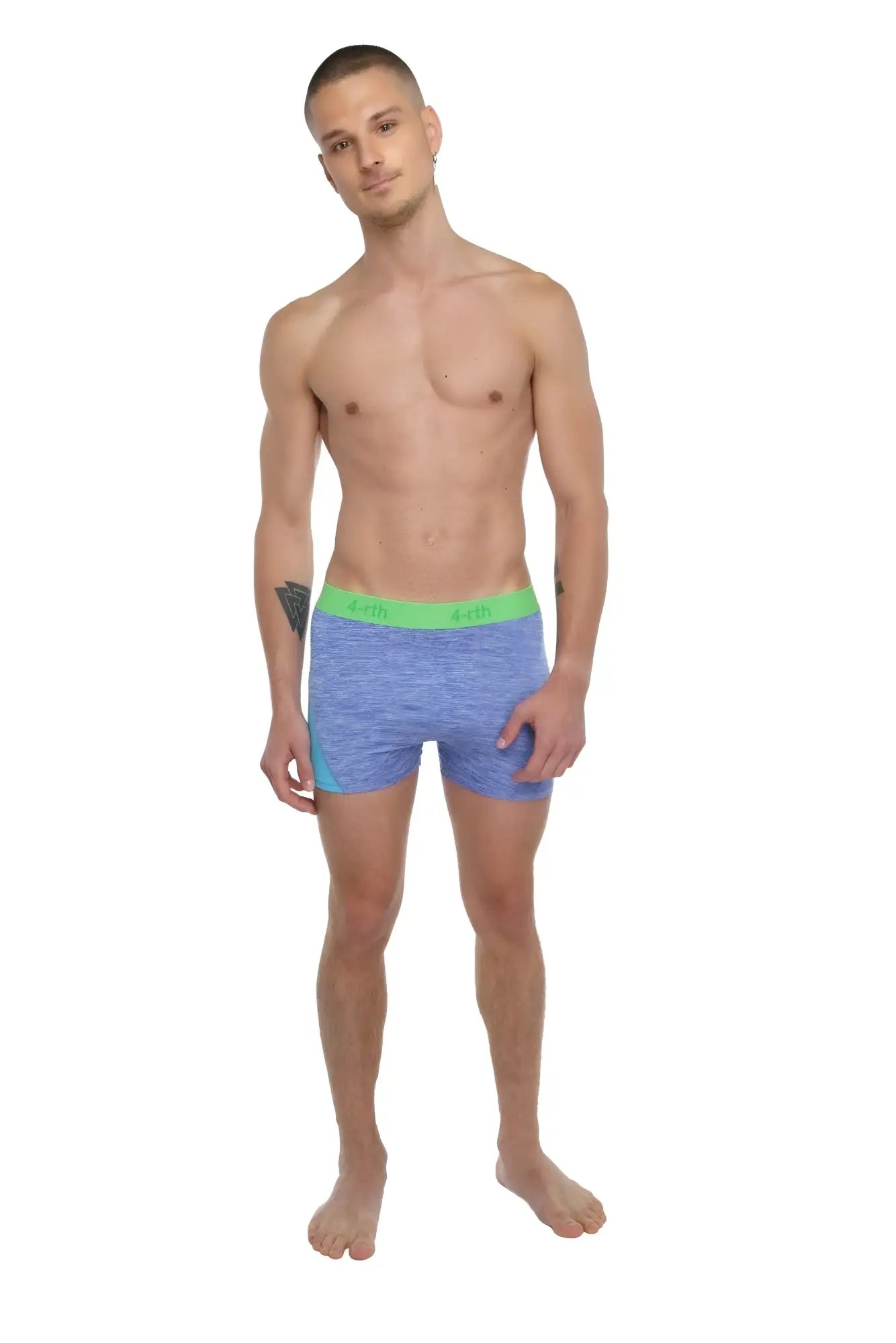 Blue heathered boxer briefs with bright green waistband and teal side panels designed for performance yoga leggings short use