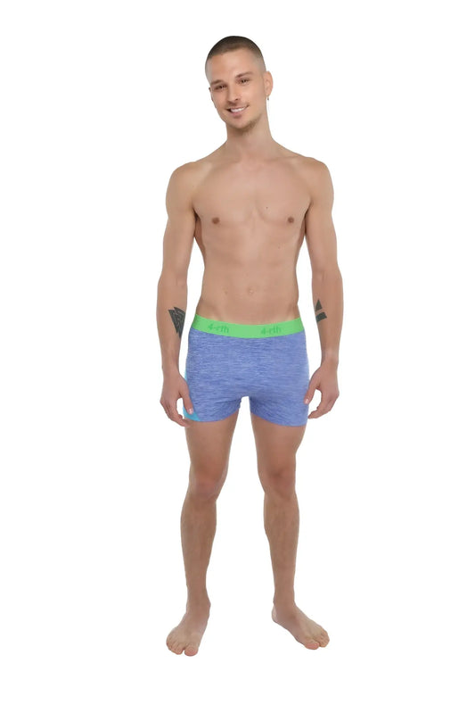 Blue heathered boxer briefs with bright green elastic waistband designed for performance and yoga use