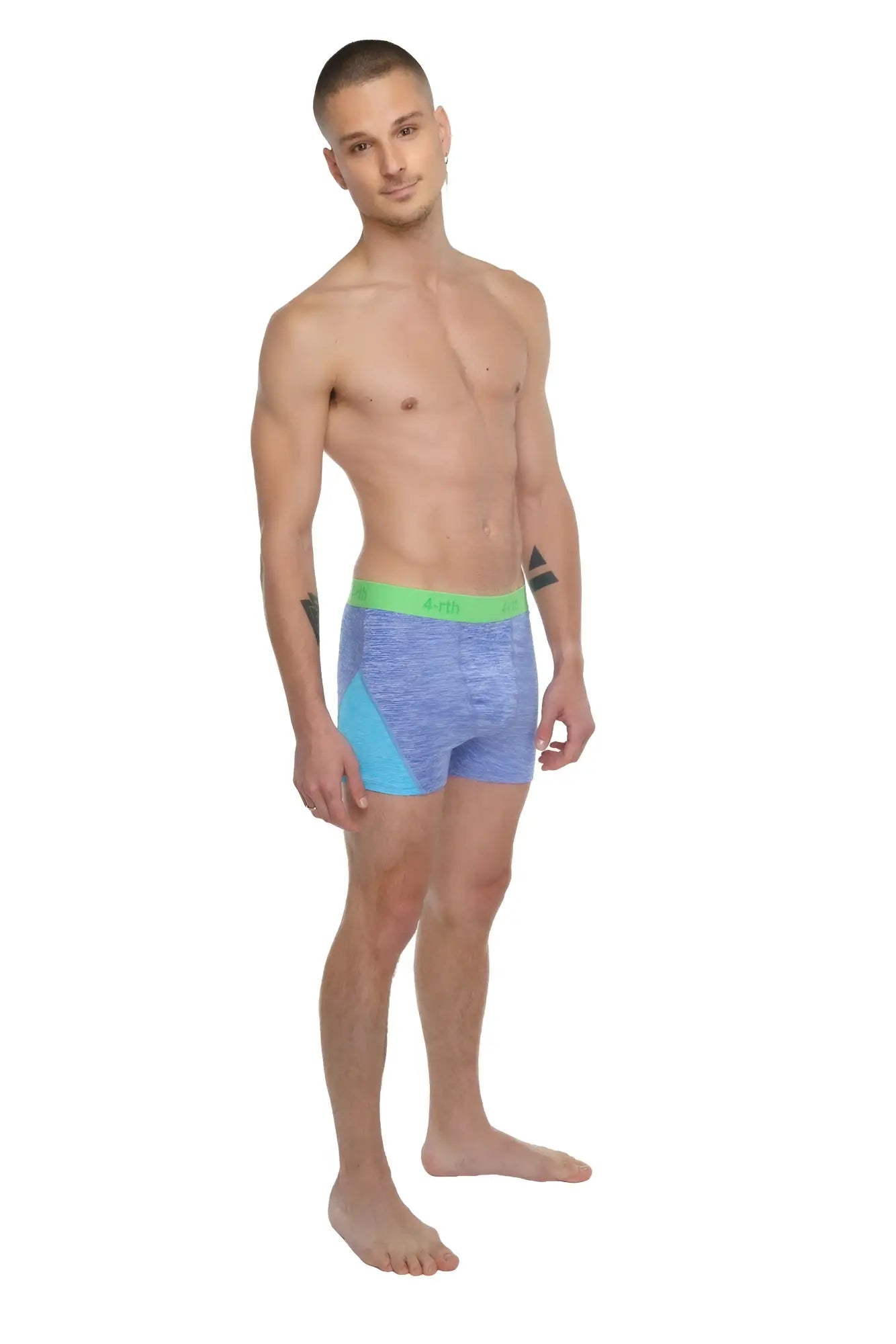 Performance yoga leggings short in lavender heather shown with blue and teal gradient boxer briefs with bright green waistband