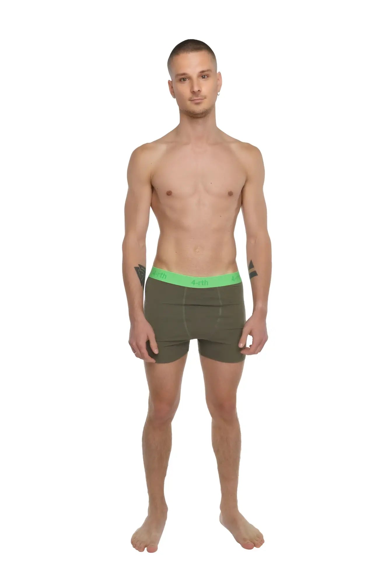 Olive green boxer briefs with bright neon green elastic waistband designed for performance and yoga activities