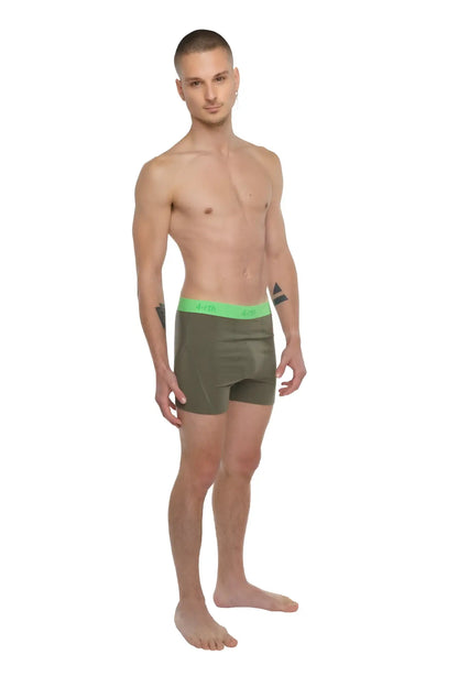 Olive green boxer briefs with bright neon green elastic waistband designed for performance and comfort