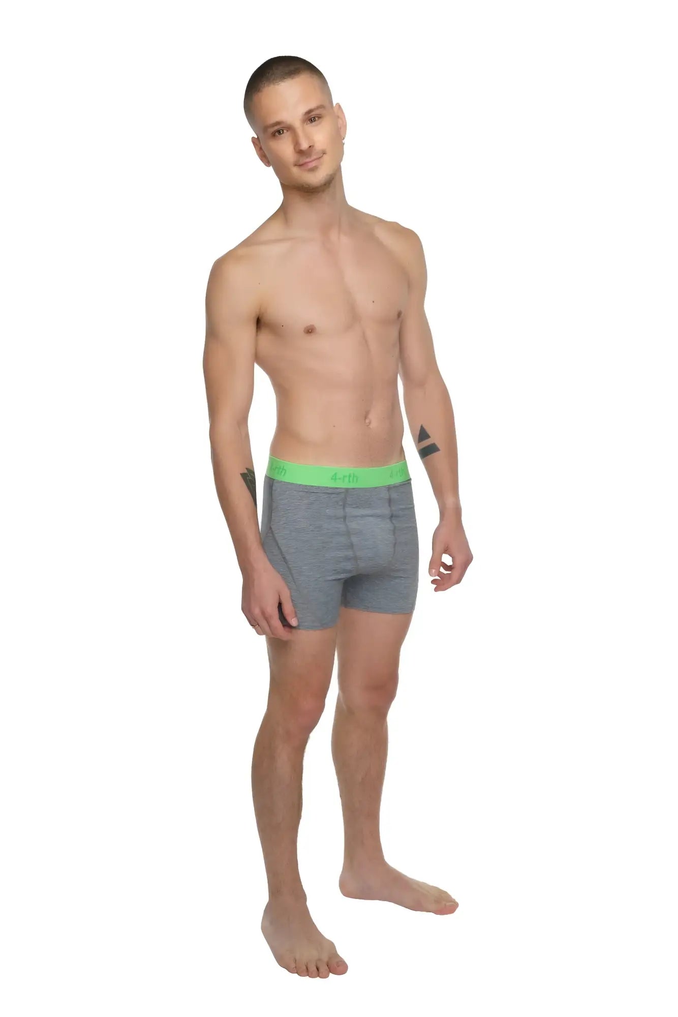 Gray boxer briefs with bright green elastic waistband designed for performance yoga in steel heather fabric