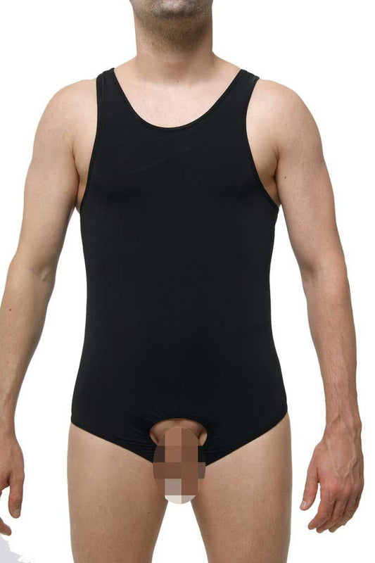 Petit-Q Open Pouch Jock Strap Singlet Bodysuit Black PQ180456 Size L