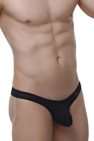 Petitq bikini capri macra black black lace thong with subtle textured pattern and small red logo on the side