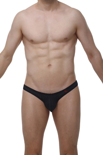 Petitq bikini capri macra black black mesh briefs with a subtle red logo on the waistband front view