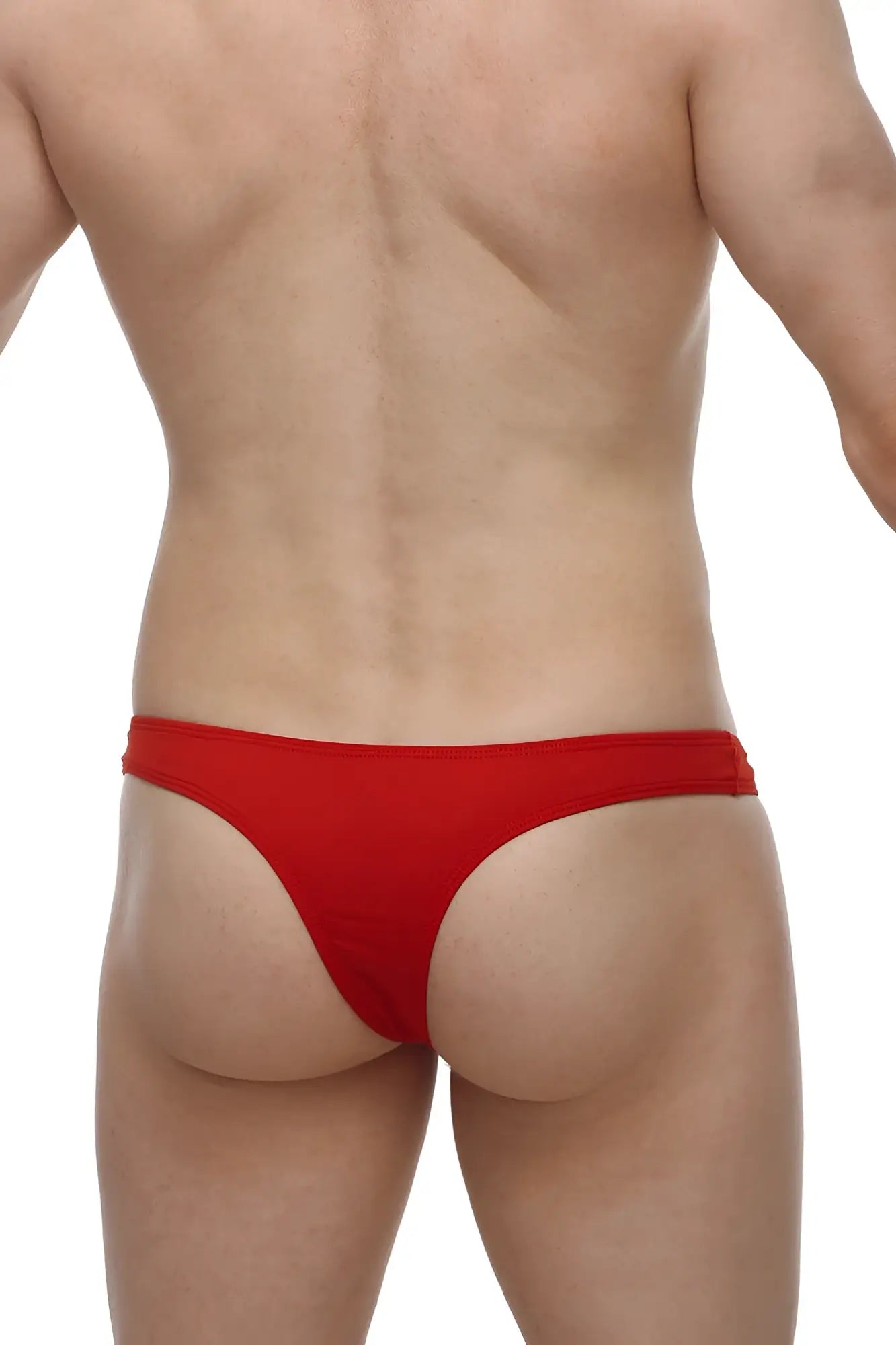 Red thong briefs petitq bikini capri in soft red fabric shown from the back side