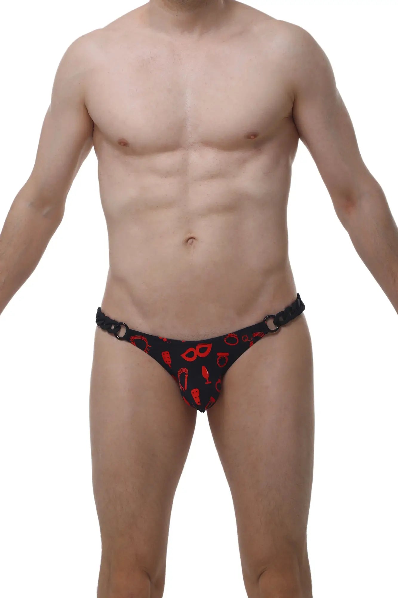 Black thong with red cocktail and mask patterns from the PetitQ bikini chains boudoir collection