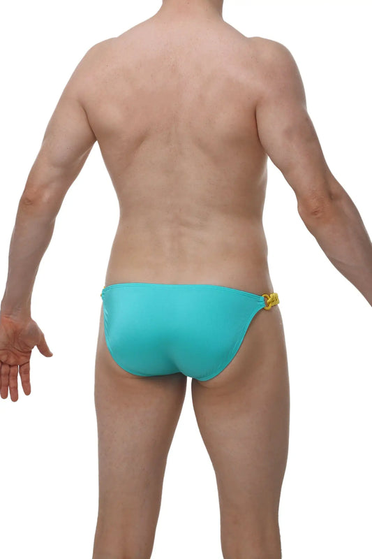 Turquoise petitq bikini chains joe green one-piece swim trunks with yellow metallic side clasp for swimwear use