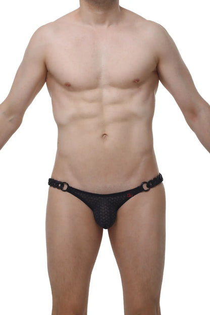 Black mesh briefs with chain-like waistband and red branding petitq bikini chains macra black