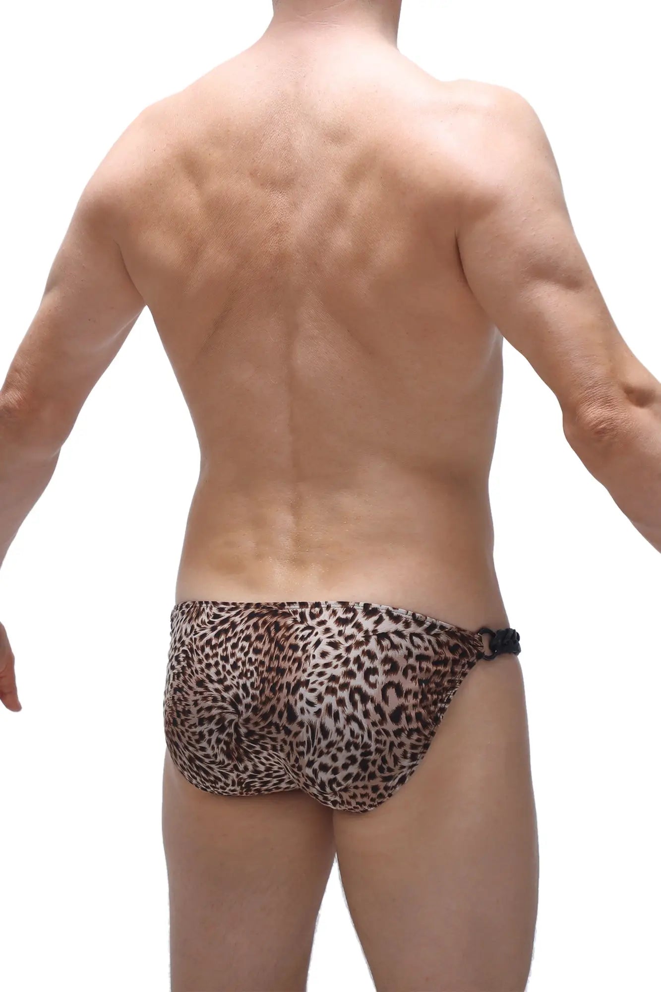 Leopard-print swim trunks with black adjustable waistband from petitq bikini chains panthere collection