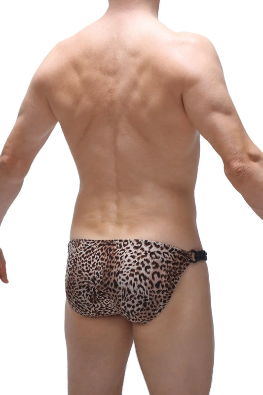 Leopard-print swim trunks with black adjustable waistband from petitq bikini chains panthere collection
