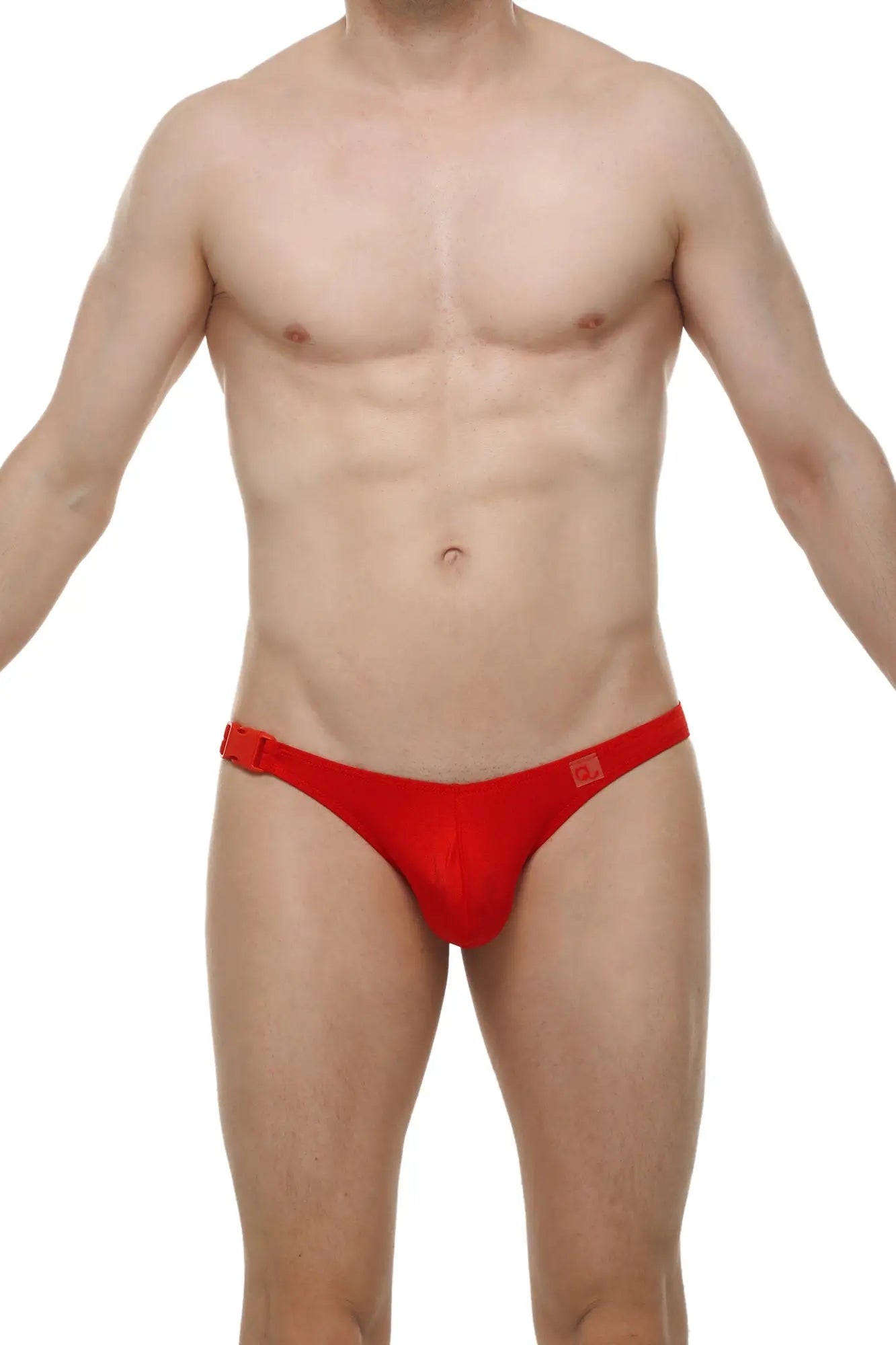 Red men’s bikini clip joe briefs with snug fit and small square logo on the side