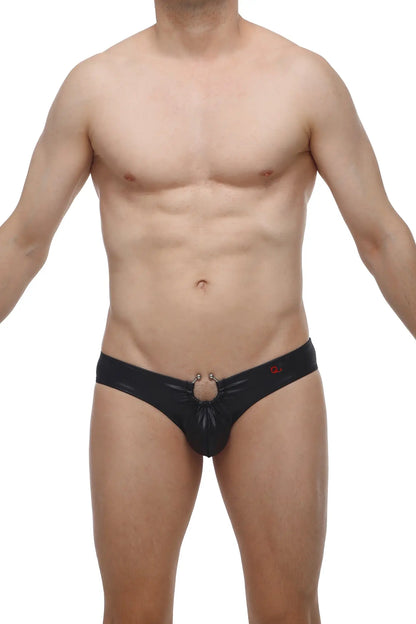 PetitQ bikini cuxac black satin briefs with central ring detail and subtle red logo on the waistband