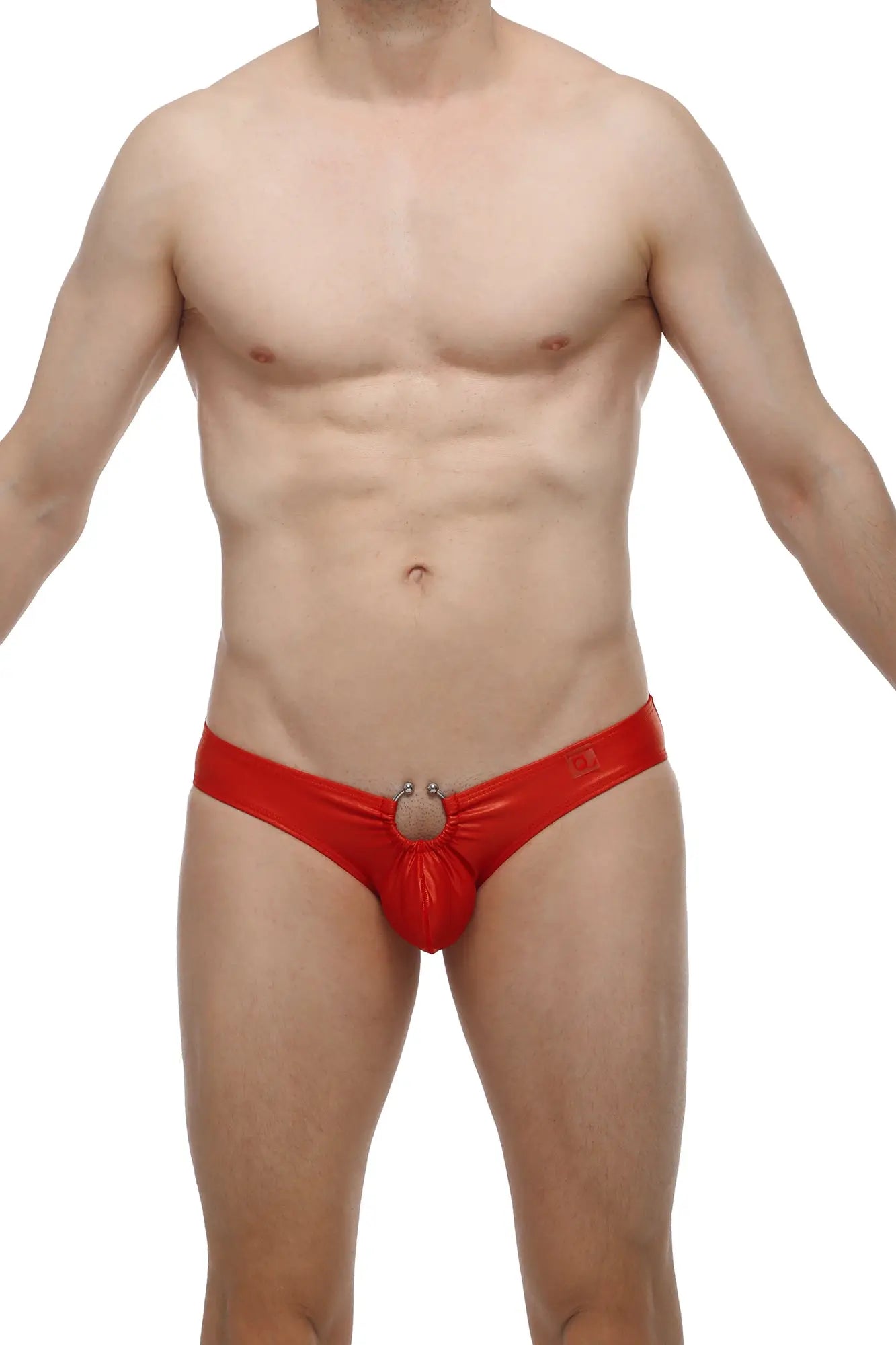 Red shiny latex thong bikini cup with central ring detail from petitq cuxac collection