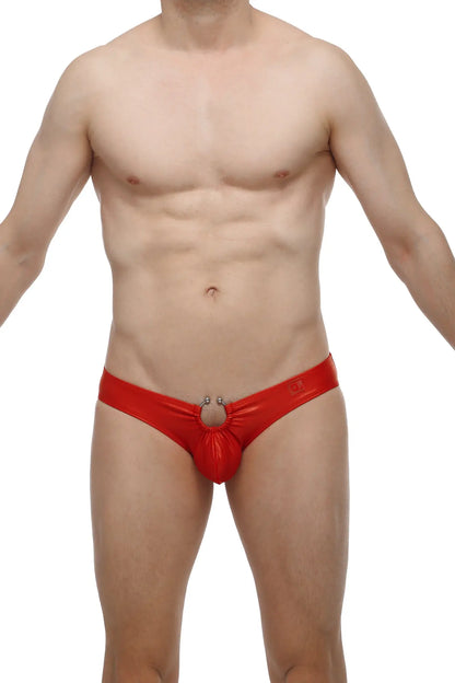 Red shiny latex thong bikini cup with central ring detail from petitq cuxac collection