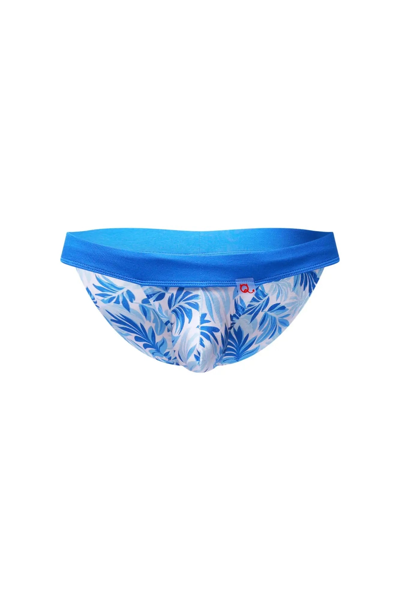 Blue and white tropical leaf patterned briefs with solid blue waistband petiteq bikini linthes maeha front view