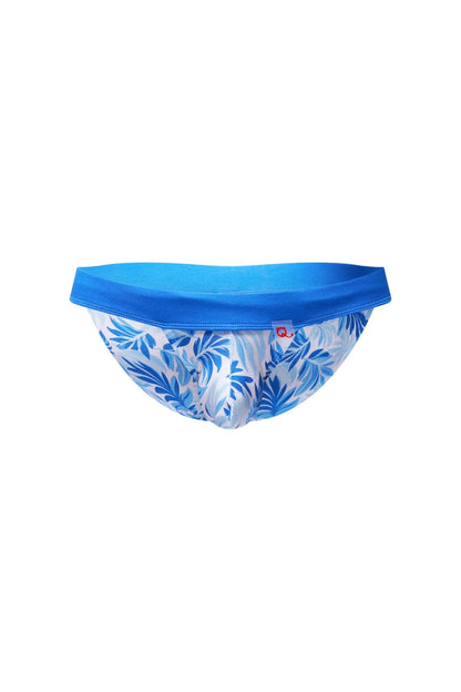 Blue and white tropical leaf patterned briefs with solid blue waistband petiteq bikini linthes maeha front view