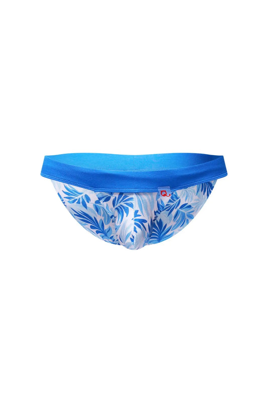 Blue and white tropical leaf patterned briefs with solid blue waistband petiteq bikini linthes maeha front view