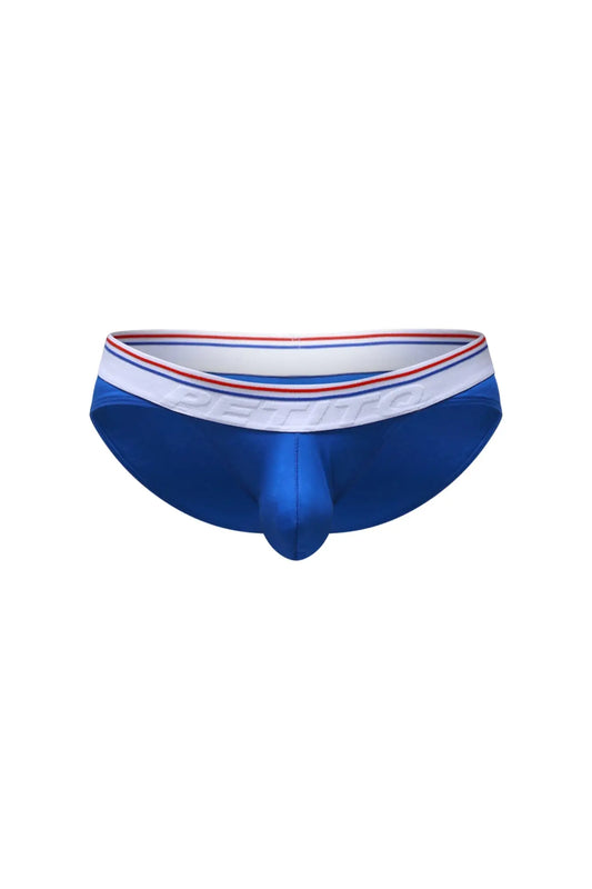 Blue petitq bikini mega bulge modal briefs with white waistband striped red and blue embossed pethro branding