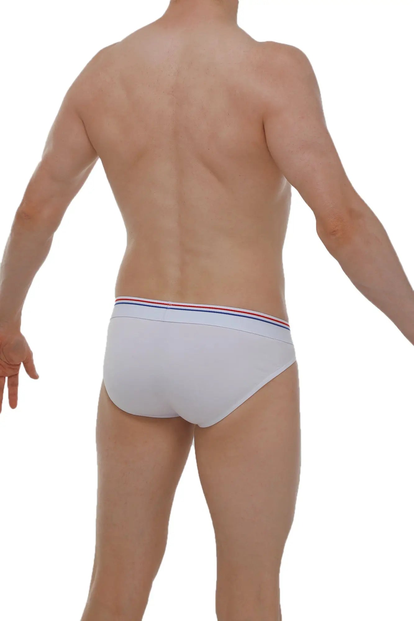 White petitq bikini mega bulge briefs in modal fabric with red white and blue striped waistband