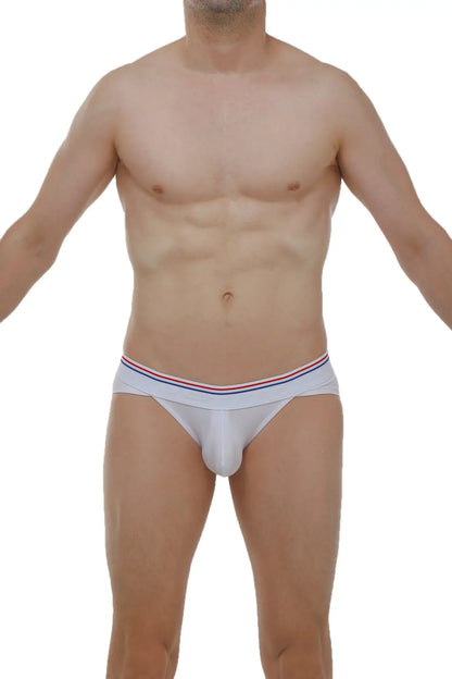 White petitq bikini mega bulge modal briefs with a red white and blue striped waistband
