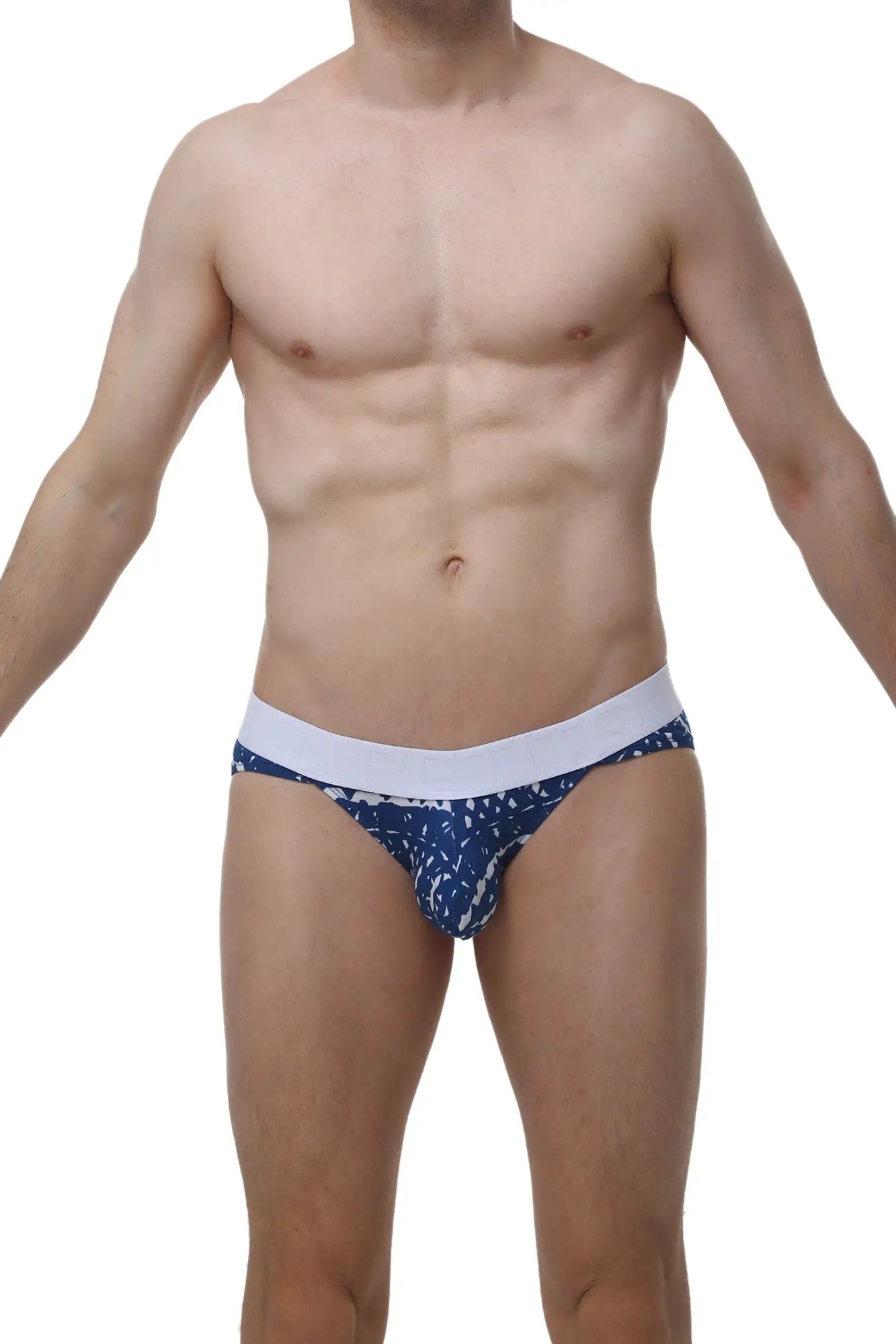 Petitq bikini mega bulge men’s briefs in blue and white pattern with solid white waistband for comfortable wear