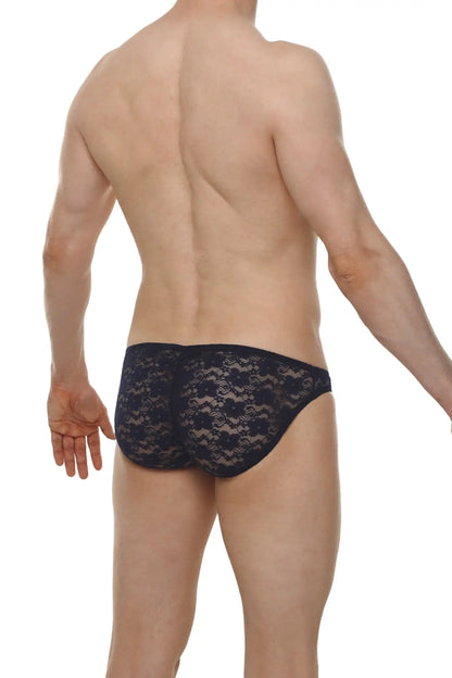 Black lace bikini briefs with a delicate floral pattern in navy from the Murlin lace collection
