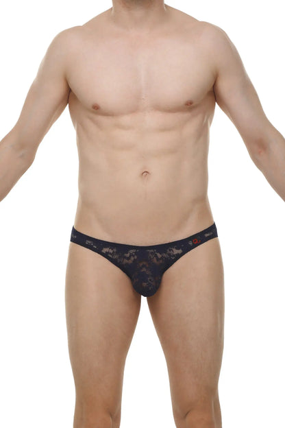 Black lace thong bikini murlin lace navy with intricate floral pattern and small red logo on waistband