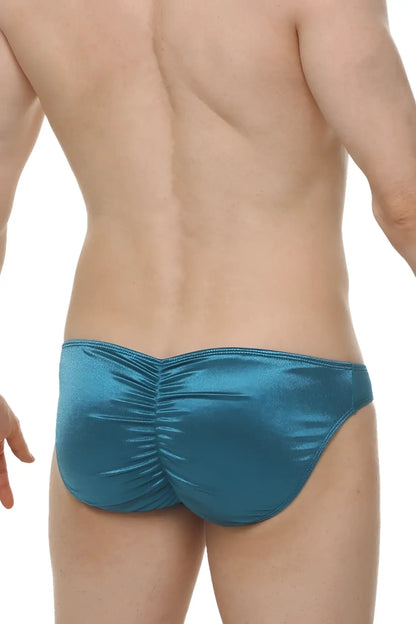Teal metallic satin briefs with ruched back design from petitq bikini murlin satin teal collection
