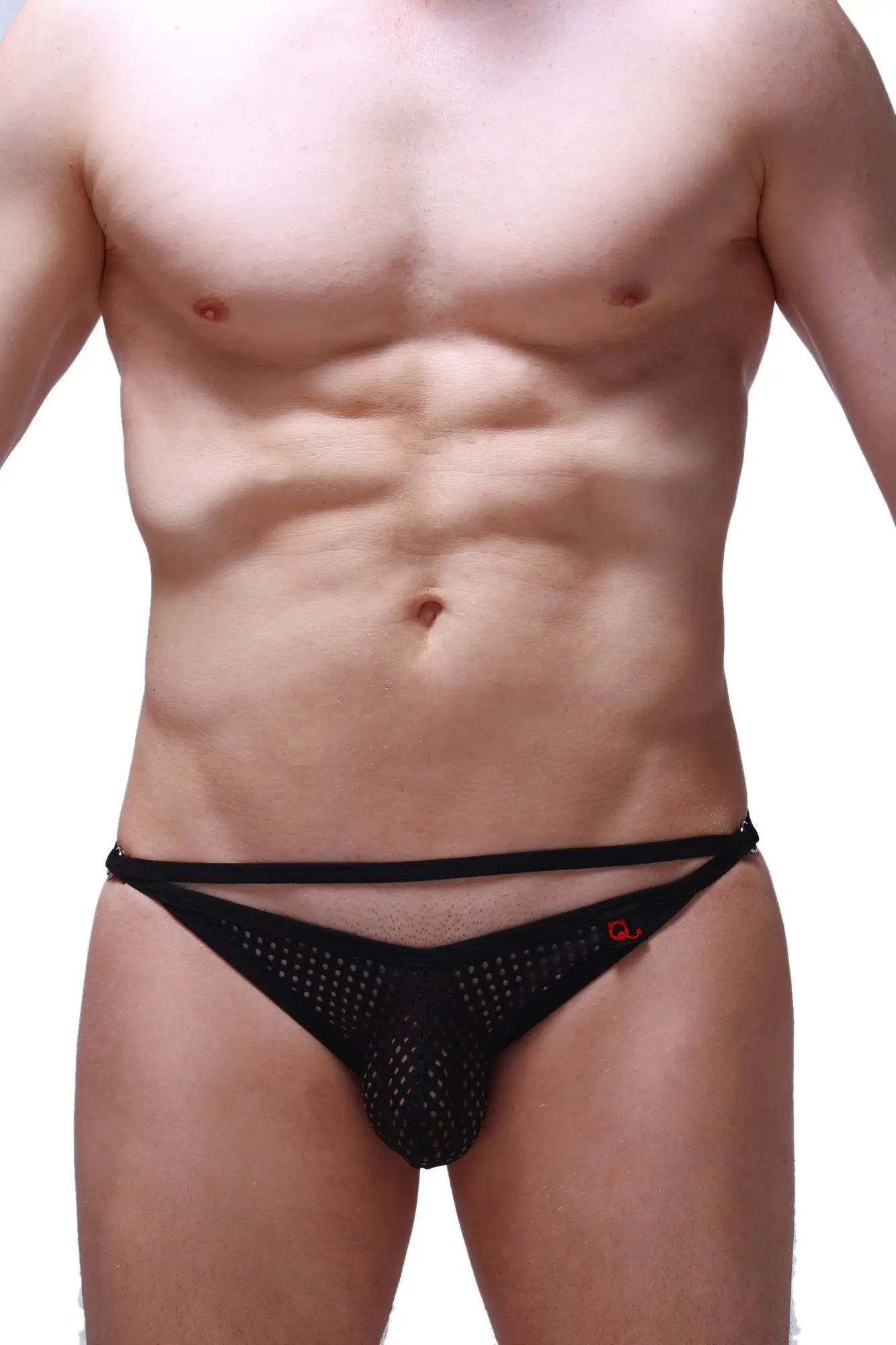 PetitQ bikini Orbar Durtol black mesh briefs with red logo on the side for stylish lightweight comfort