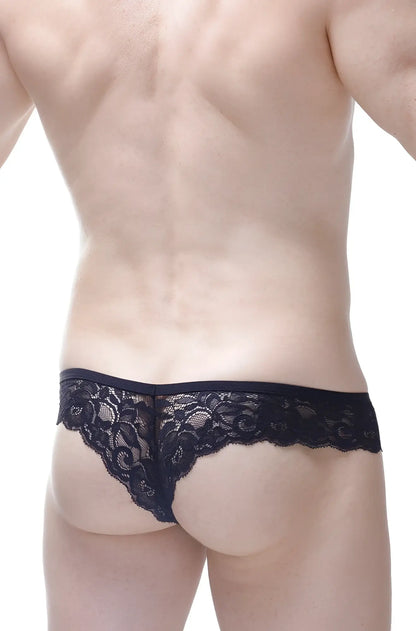 Black lace thong petitq bikini oupar satin black with intricate floral patterns and smooth elastic waistband