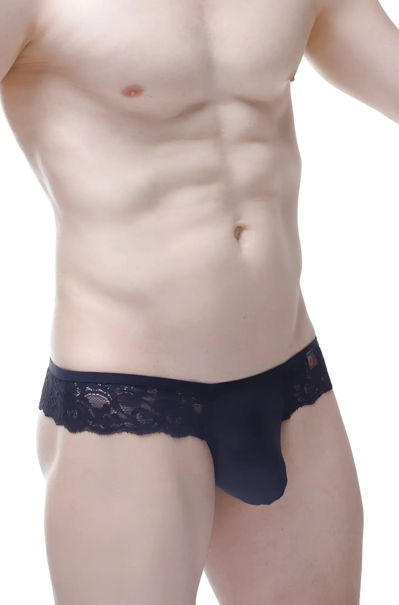 Black lace-trimmed mens thong petitq bikini oupar satin black with smooth form-fitting design