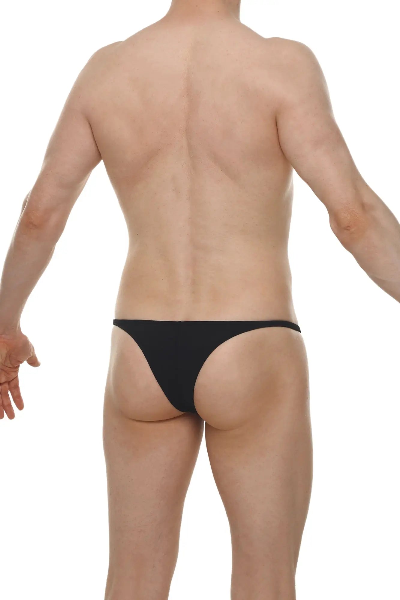 Black form-fitting thong bikini plellis made of smooth fabric shown from the back side