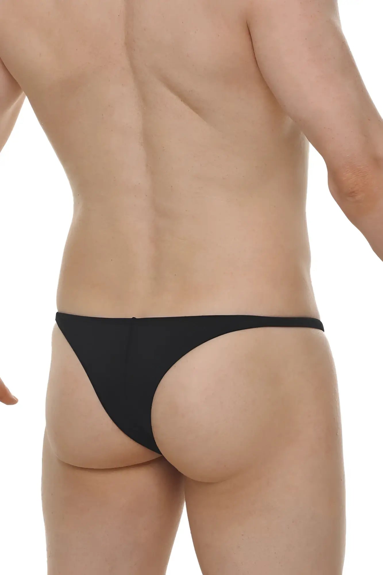 Black thong bikini plellis joe made of smooth stretchy fabric with narrow waistband shown from the back side