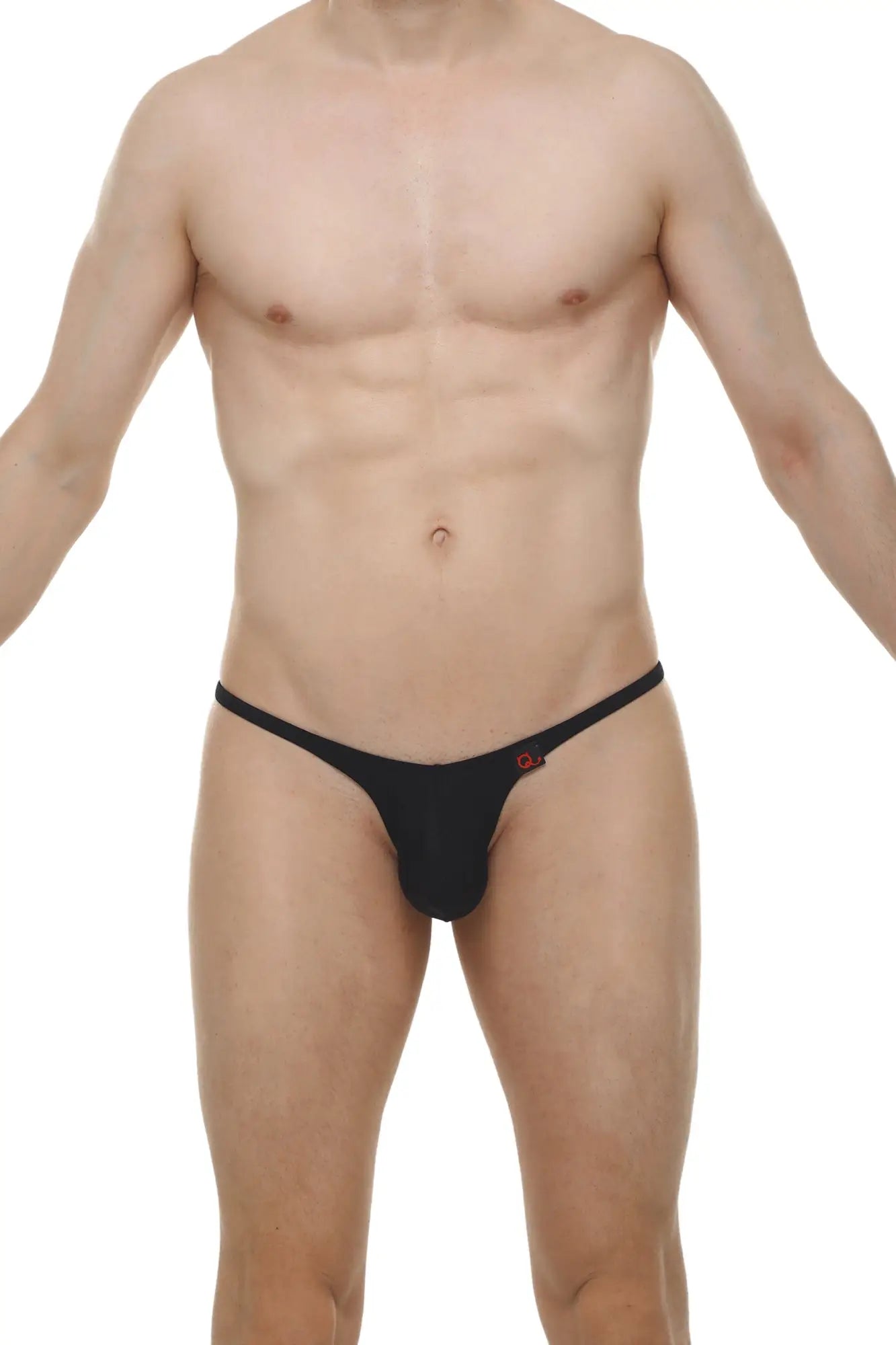 Black thong bikini plellis joe black with a small red logo on the side shown from the back side