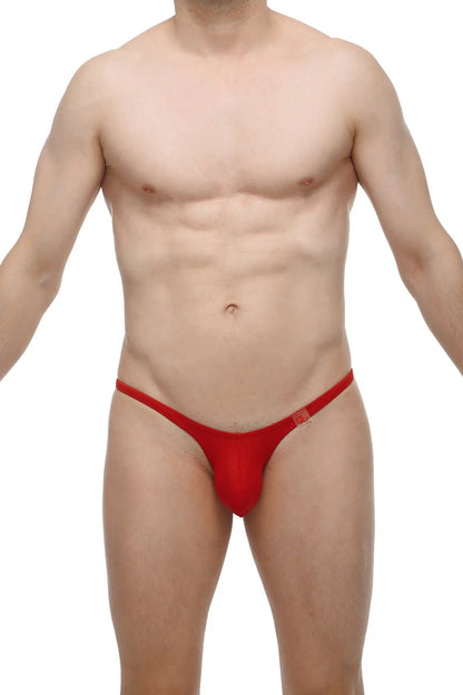 Red thong bikini with small square logo on sideband in PetitQ bikini prellis red design