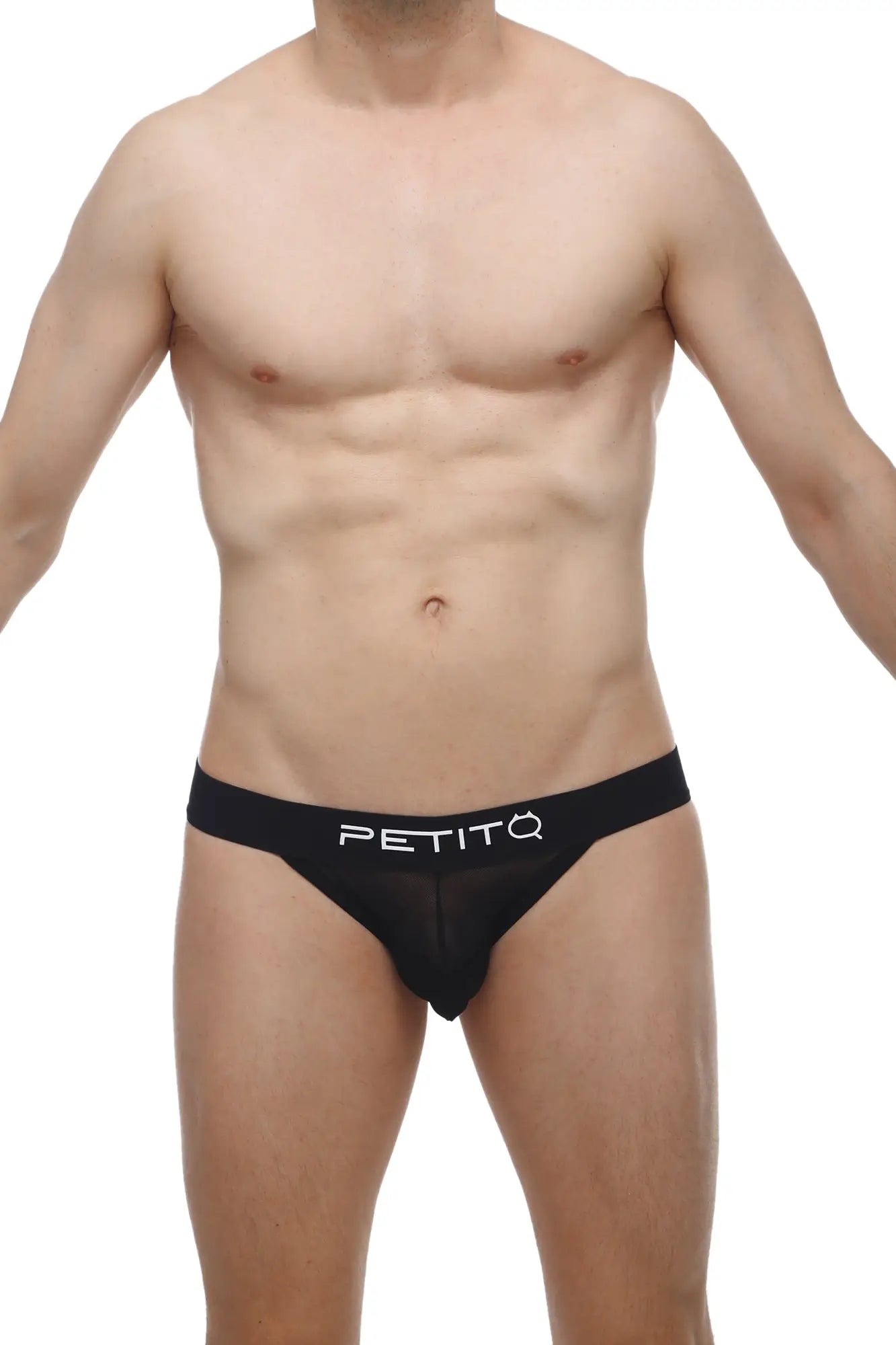 Black petitq bikini pons men’s briefs with sheer mesh front and white logo branding in lightweight fabric