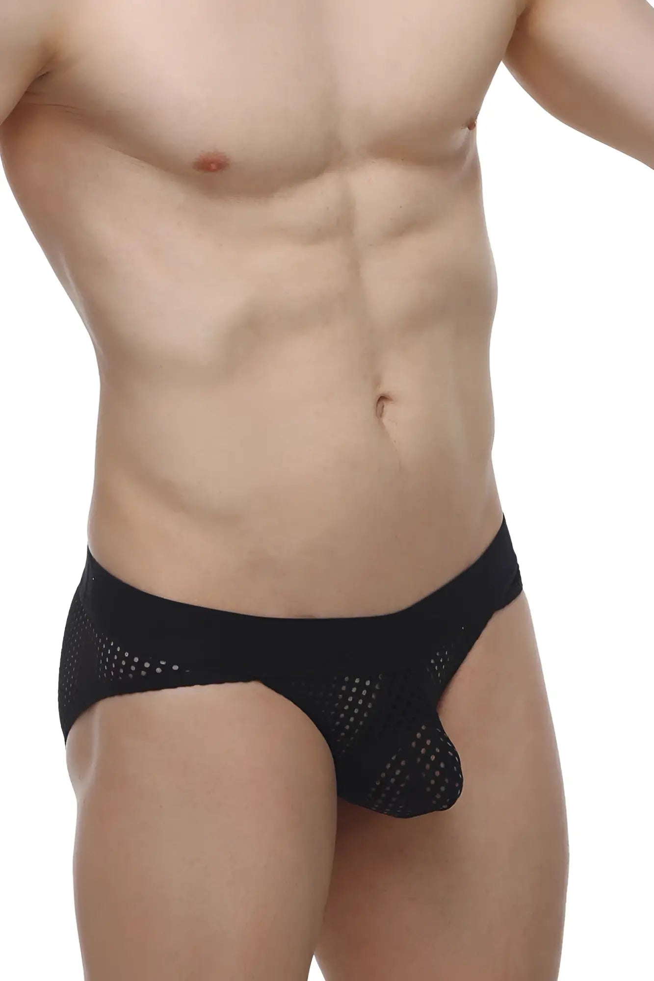 Black mesh petitq bikini protruder durtol briefs with solid waistband showing front view