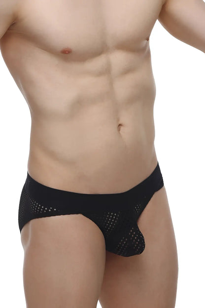 Black mesh petitq bikini protruder durtol briefs with solid waistband showing front view