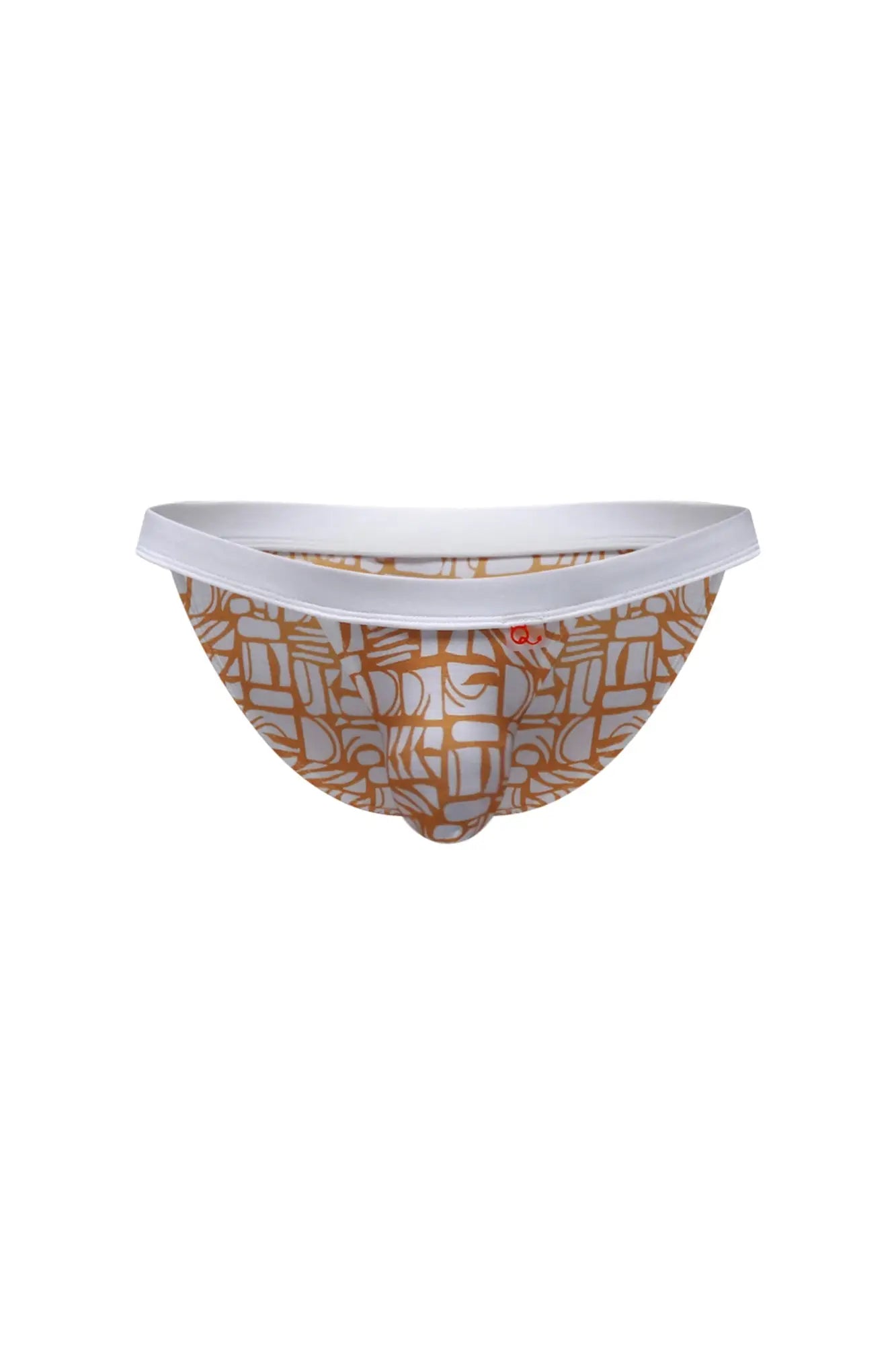 A pair of PetitQ bikini sillas carlot alloy men’s briefs with tan and white geometric pattern and white waistband