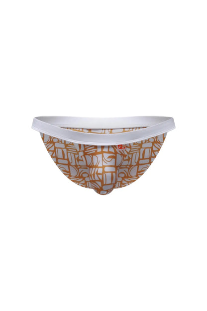 A pair of PetitQ bikini sillas carlot alloy men’s briefs with tan and white geometric pattern and white waistband