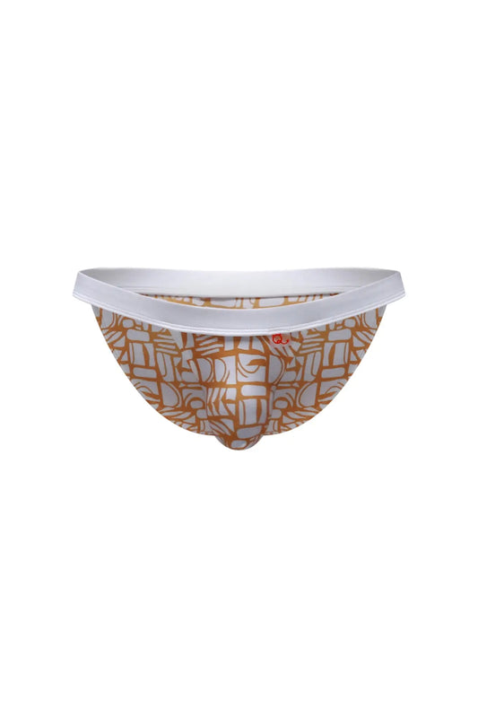 A pair of PetitQ bikini sillas carlot alloy men’s briefs with tan and white geometric pattern and white waistband
