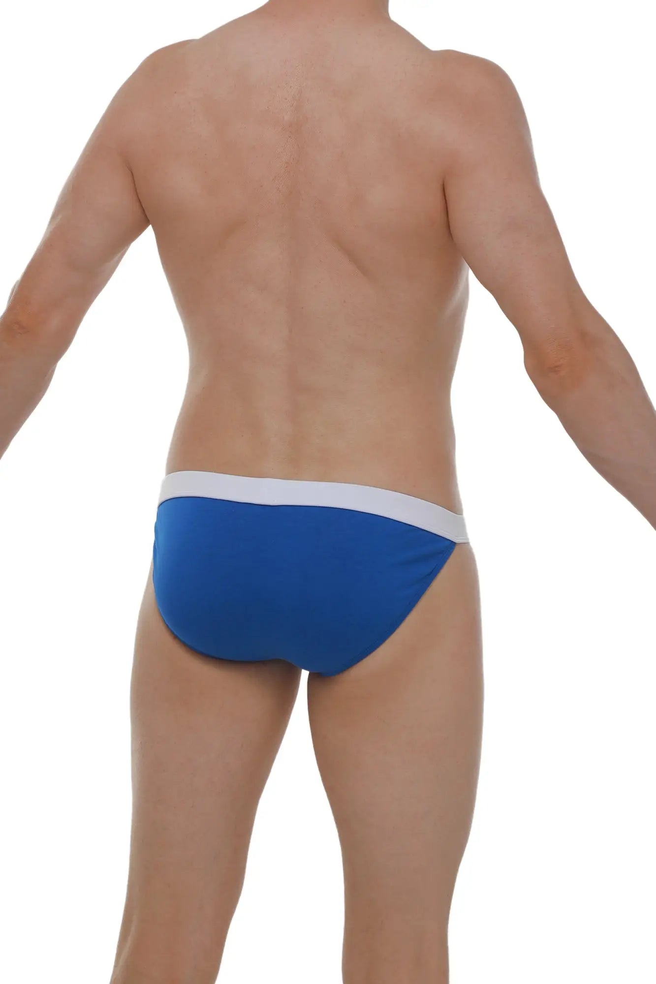 Blue swim trunks with a white waistband made of modal fabric by PetitQ for comfortable beachwear