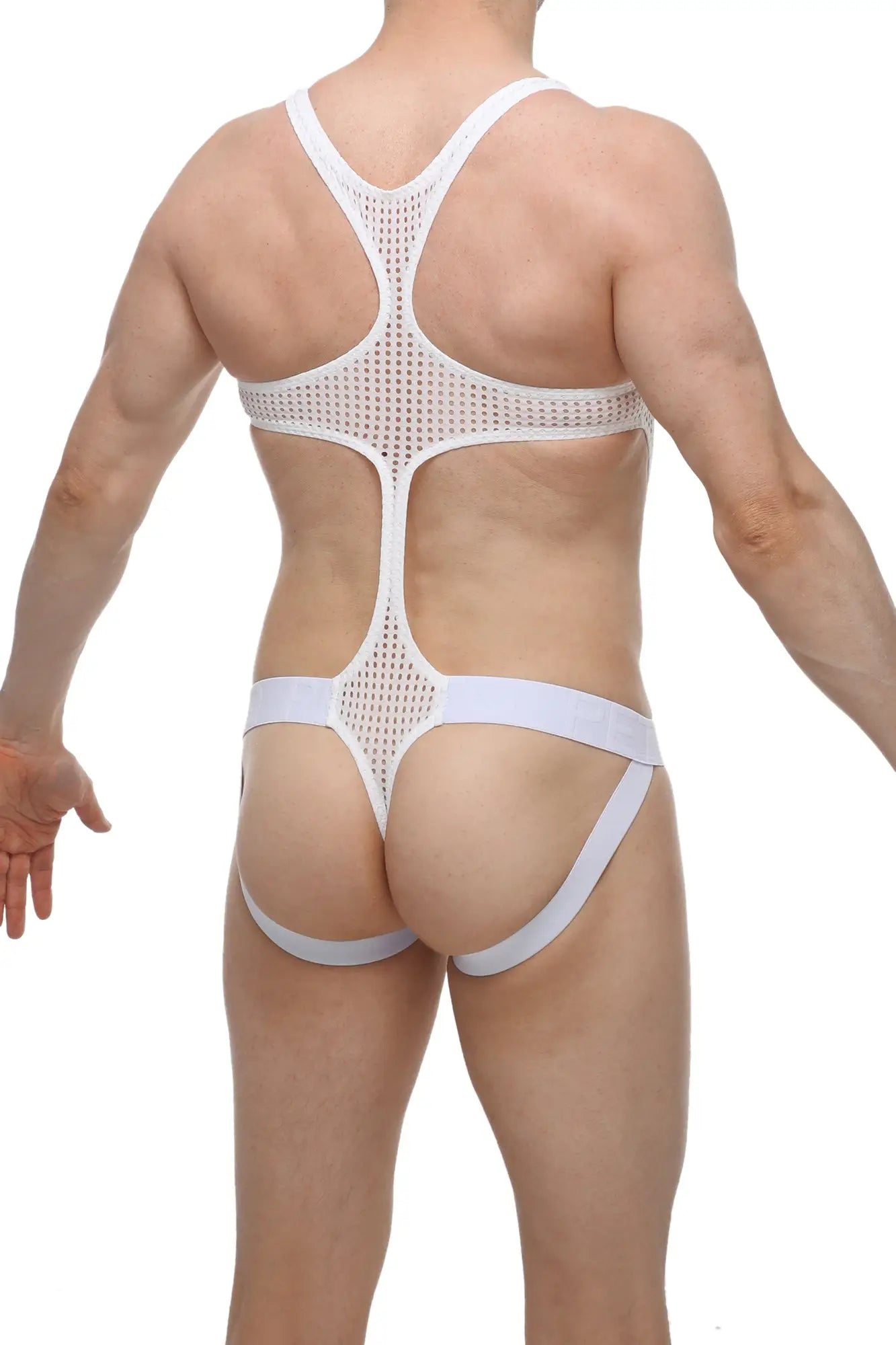 Back view of petitq body jockthong oze durtol white white mesh athletic brief with cutout back and wide elastic waistband