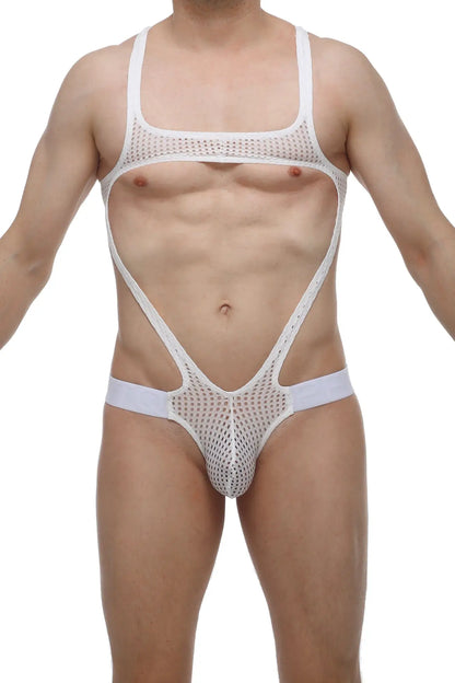 White mesh one-piece swimsuit with cutout design by PetitQ body jockthong in white with breathable fabric