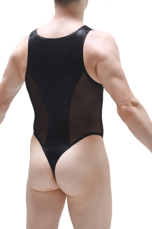Petitq body nescher satin black one-piece swimsuit with black mesh and solid fabric and high-cut leg design