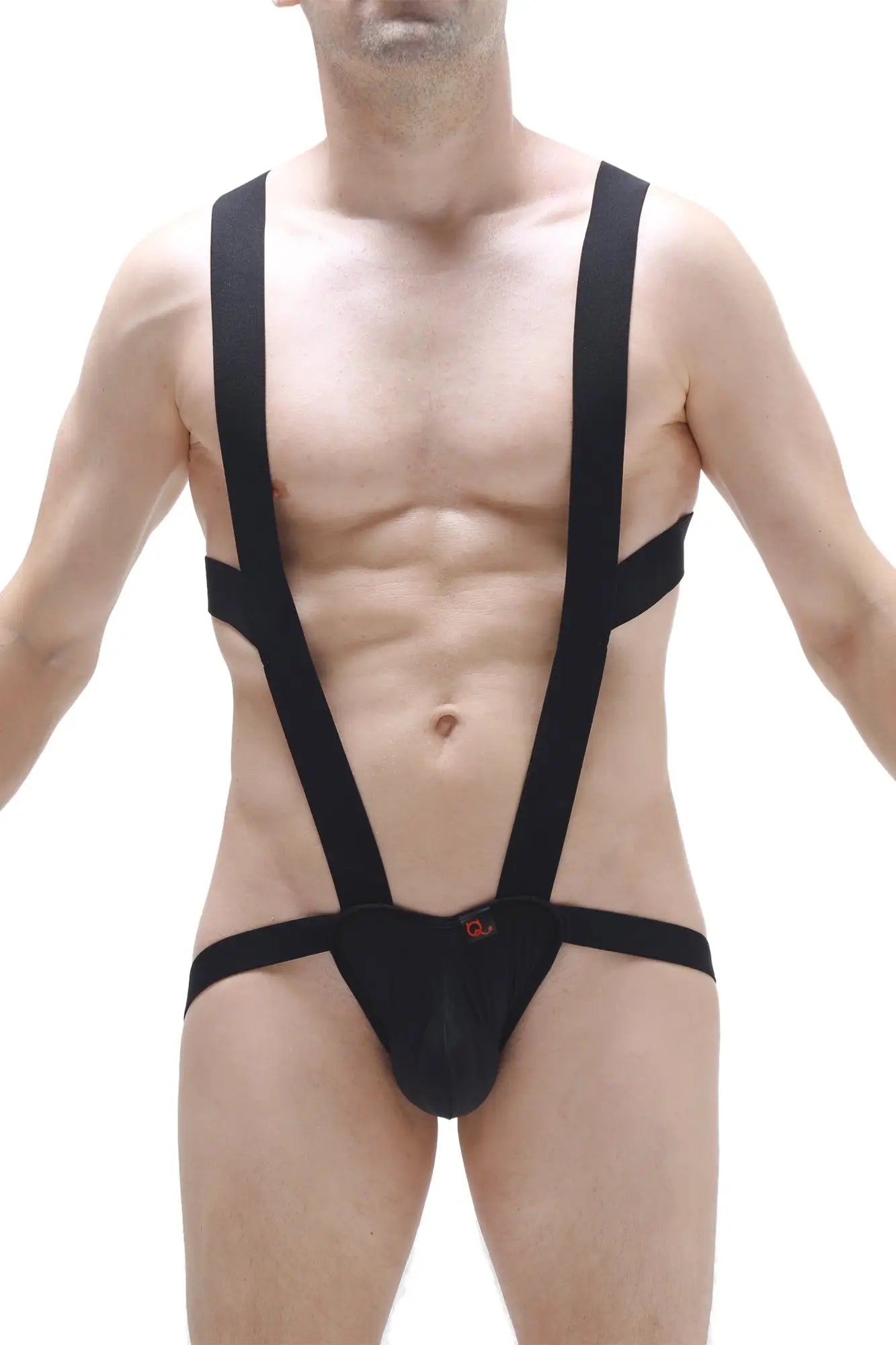 PetitQ BodyJockstrap black suspenders-style bodysuit with snug fit and small red logo on the front