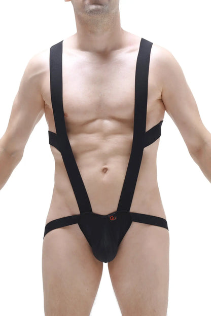 PetitQ BodyJockstrap black suspenders-style bodysuit with snug fit and small red logo on the front